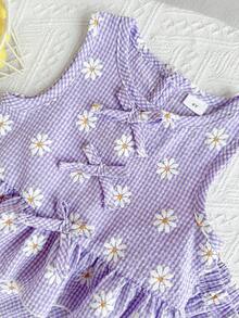 2pcs Girls Daisy Print Blue Plaid Top And Pants Set, Summer