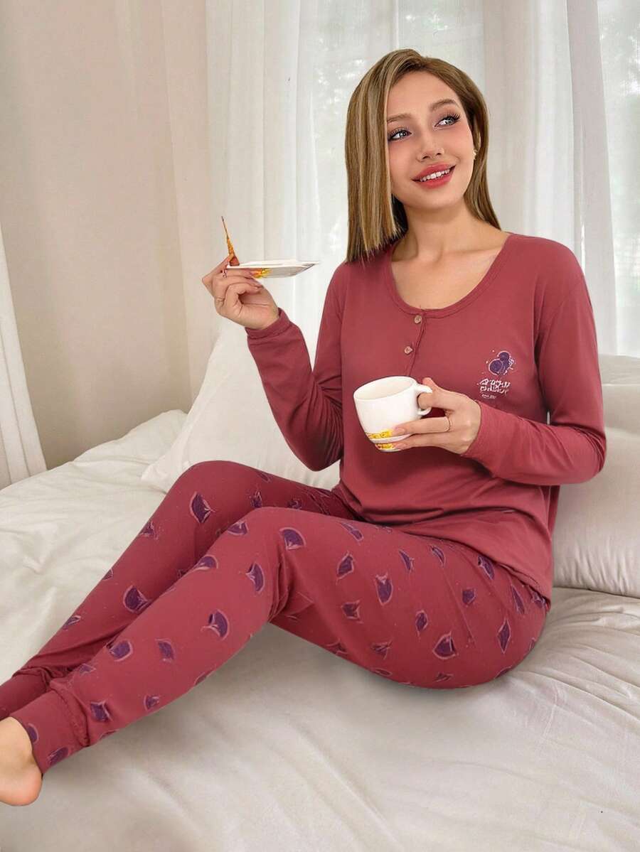 Mirano Slogan Print Short Sleeve Top & Cherry Pattern Long Pants Pajama Set - Hot Pink - View 1