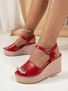 2025 夏季新款韩版时尚厚底坡跟系带露趾优雅防水凉鞋 - 紅色 - 查看 2