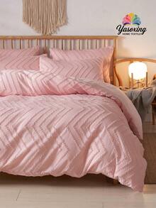 3 件粉色簇绒几何条纹图案羽绒被套套装（1 件羽绒被套 + 2 件枕套，不含枕芯），柔软双色设计床上用品套装，适用于卧室和客房