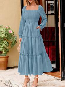PRETTYGARDEN Women Elegant  Maxi Dresses For Fall Boho Long Sleeve Smocked A Line Ruffle  Wedding Guest Holiday Party Long Dress With Pockets New Years Valentine Vacation Spring Dresses For Women Vestidos Elegantes De Mujer - 灰藍 - 查看 4