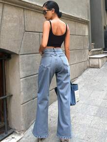 Women High Waist Knee Laser Ripped Wide Leg Jeans Pants, Solid Color Pockets With Zipper - Light Wash - View 3