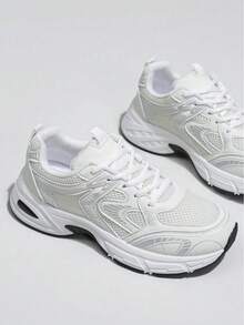New Women Casual Sneakers, Chunky Sneakers, Shoes, White Shoes, Lace-Up Round Toe Mixed Material Breathable Versatile Printed Graffiti College Style Student Outdoor Hiking Casual Commuting Shoes - 米色 - 查看 3