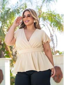 Women's Plus Size Wrap Top V Neck Elegant And Comfortable Simple Fabric Ruffle Hem Evening Holiday Daily Birthday Party Homecoming Bachelorette Party Travel Tea Party Country Music Concert - 米色 - 查看 2