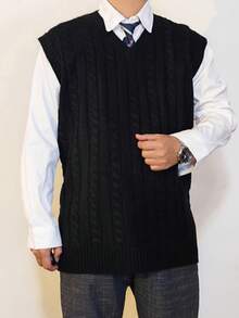 Plus Size Men's Solid Color V-Neck Casual Knit Sweater Vest, Suitable For Spring, Autumn And Winter