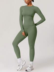 NcmRyu 1件装女士弹力舞蹈健身瑜伽服，户外运动套装（春季款） - 橄欖綠 - 查看 6