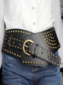 1pc Bohemian Style Waist Belt With Wide Waistband, Antique Copper Rivets Inlaid With High-Quality Retro Fashion Unisex Y2k Accessories, Suitable For Daily Leisure Vacation Travel, Paired With Dresses And Short Skirts - Multicolor - View 3