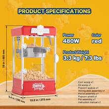 Tabletop Popcorn Maker, 480W, 113g, Red - View 6