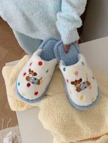 XIXITIAO 1 双可爱波尔卡圆点狗卡通趣味毛绒家居拖鞋，时尚舒适铃铛小狗波尔卡圆点图案平底鞋，男女通用保暖一脚蹬拖鞋 - 藍色 - 查看 4