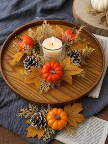 1Pc Halloween Thanksgiving Pumpkin Candle Ring Centerpiece With Autumn Maple Leaves Pinecones Berries Fall Harvest Table Decor Spooky Candle Holder Wreath For Holiday Party Tiered Tray Dining Room Fireplace Mantel Decoration Fall Decor - Multicolor - View 3