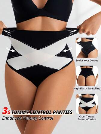 Women Cross Super High Waist Tummy Control Thongs Double Layer Seamless Brief No Show Panty Girdle Body Shaping Underwear Soft Daily Shapewear Bottom