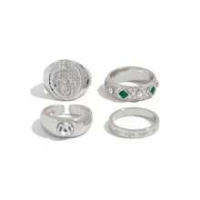 4件套男士奢华时尚闪亮高品质个性化韩式几何钻石开口戒指，复古朋克十字架装饰金色金属男士戒指首饰套装，送给男友/女友的最佳礼物 - 鑲鑽戒指套裝 - 查看 6