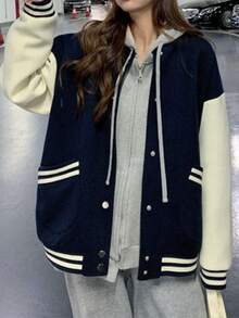 A rayas  Color combinado  Colorblock    Casual    Botón delantero  Bolsillo Chaqueta de béisbol para chicas estudiantes, nueva colección otoño-invierno, estilo suelto Harajuku, chaqueta versátil y de moda - Azul Marino - Ver 5
