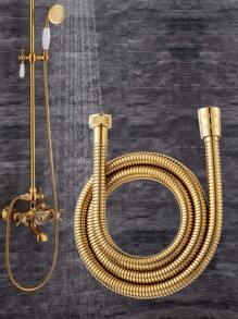 1pc Gold-Plated Shower Head, Shower Hose, Bathroom High-Density Stainless Steel Explosion-Proof Flexible Hose, Water Heater Pipe Connector, 1.5m Length - Gold - View 1