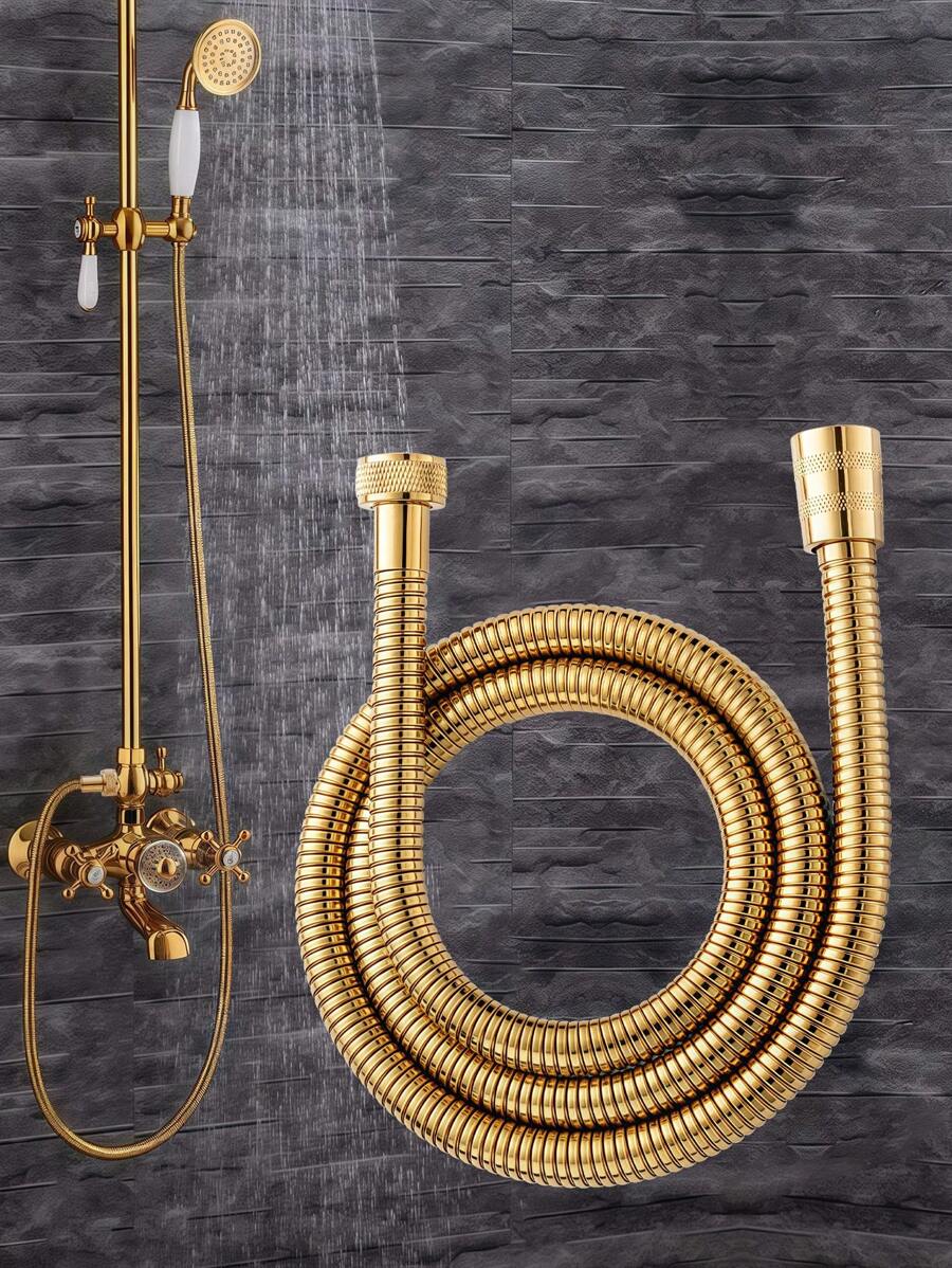 1pc Gold-Plated Shower Head, Shower Hose, Bathroom High-Density Stainless Steel Explosion-Proof Flexible Hose, Water Heater Pipe Connector, 1.5m Length - Gold - View 1