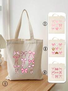 1pc Nine Pink Bow Pattern Women'S Handbags, Reusable Shopping Bags, Foldable Large Capacity Casual Shopping Bags, Simple Bohemian Handbags, Suitable For Work, Travel, Shopping, School Bags, Large Capacity, Portable, Christmas Gift, Cute Bow Bag For Women