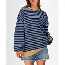 Womens Oversized Striped Sweatshirt Crewneck Long Sleeve Pullover Top Casual Y2K Spring Clothes 2026 Workout Shirt,Vacation Outfits Women,Valentine Outfits For Women,Street Photography - Blue Navy - 查看 1