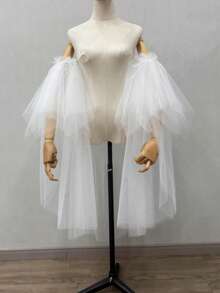 1 件可拆卸多层不对称网眼披肩，夸张泡泡袖斗篷，新娘配饰肩袖秋装女士 - 彩色 - 查看 3