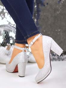 Zapatos tipo Mary Jane para mujer, con brillo, punta redonda, correa ajustable, tacón grueso, estilo retro para fiesta y evento - Plateado - Ver 3