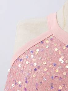 女童优雅纯色亮片网眼连衣裙，春夏 - 粉色 - 查看 4