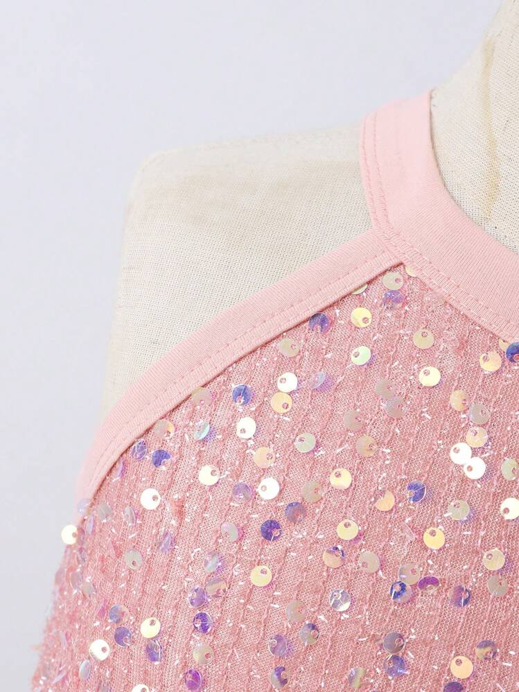 Vestido elegante de unicolor con lentejuelas y malla para niñas, primavera/verano - Rosa - Añade 4