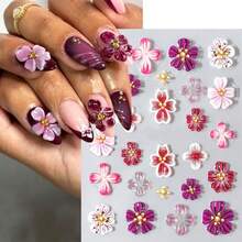 5D Embossed Hibiscus Nail Art Stickers With Gold Beads Self Adhesive Clear Floral Designs Autumn Flower Decals For Women Girls Manicure Art