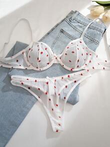 1套女士纯色草莓印花蝴蝶结钢圈舒适文胸和内裤套装