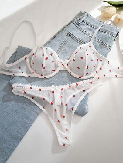 1套女士纯色草莓印花蝴蝶结钢圈舒适文胸和内裤套装