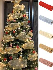 لفة شريط شبكي لتزيين شجرة الميلاد، شبكة بيضاء للديكور، شبكة توليل ذهبية، شبكة ديكورية للأعياد، لفة شريط شبكي أساسي بخطوط بيضاء 10 ياردات شريط شبكي أبيض لشجرة الميلاد، لصنع الفيونكات، تغليف الهدايا، ديكور الحفلات والزفاف، مناسب للشجرة والإكليل والإكساء الشبكي لديكورات الميلاد والشتاء في المنزل وهدايا الميلاد وديكورات الميلاد