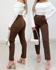 Tailored Trousers With Simple Lined Belt - Coffee Brown - View 3