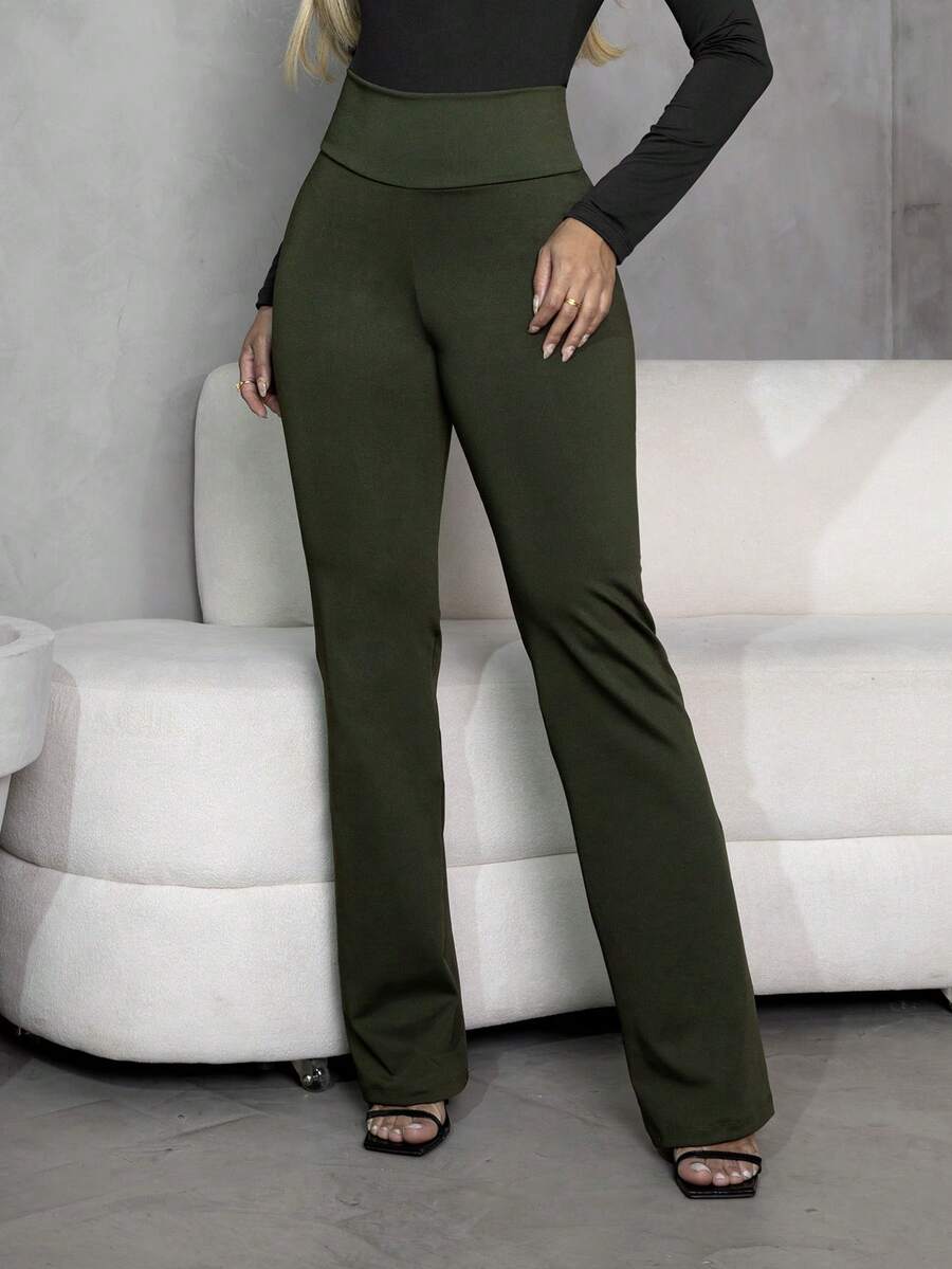 Águas Claras Women's Flare Pants, Ballerina Bell Bottom, High Waist, Seamless, Smooth Side, No Pocket, Blogger Style, Body Shaping, Fashion Look, Comfortable - 軍綠色 - 查看 1