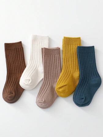 5 Pairs Kids Solid Color Socks, Suitable For Daily Wear, Spring/Autumn