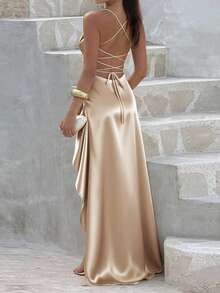 Vestido de fiesta con cuello cuadrado, espalda descubierta y volantes en el bajo, color champán. Vestido de verano elegante adecuado para el Día de San Valentín, citas, reuniones, fiestas, viajes, vacaciones, playa. - Champán - Ver 5