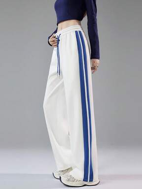 JUTU Striped Loose White & Blue Patchwork Straight Leg Pants, Draping Flared Trousers For Women, Retro Streetwear, Spring/Autumn