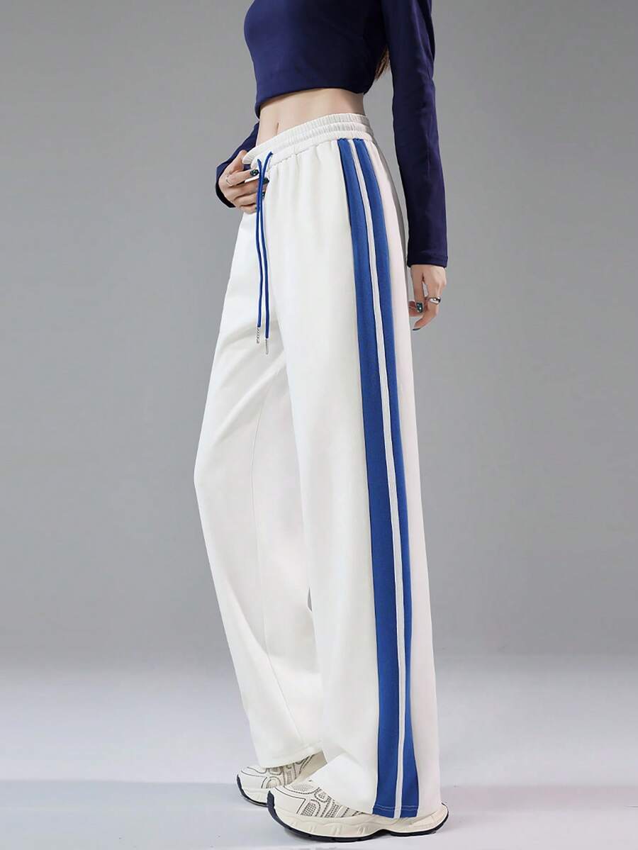 JUTU 条纹宽松白蓝拼接直筒裤，垂坠喇叭裤，复古街头风，春秋款