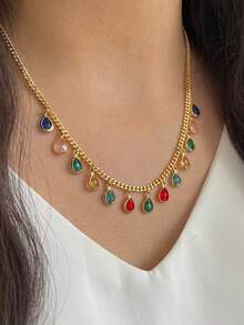 Shescity 1件时尚优雅彩色水滴形锆石项链，女士款 - N030-B - 查看 6