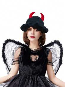 1 件男女通用手工针织无檐便帽，荷叶边渔夫帽，骷髅、南瓜、角图案，趣味角色扮演拉法帽 - 彩色 - 查看 4