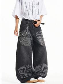 1 pezzo Pantaloni di jeans casual comodi e rilassati con gamba dritta, vestibilità ampia, effetto consumato e decorazioni in strass, stile urban americano per uomo (senza cintura e accessori) - nero - Visualizzare 3