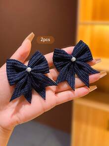 2pcs Faux Pearl Bow Hair Clips, Sweet Style Suitable For Daily Use - Navy Blue - View 4