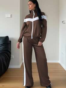 两件套拼色休闲优雅拉链连帽衫套装，适合春秋冬季运动、居家、办公、街头穿着。宽松长袖女式运动衫，适合休闲装、毕业装、返校装、女教师装 - 棕色 - 查看 5