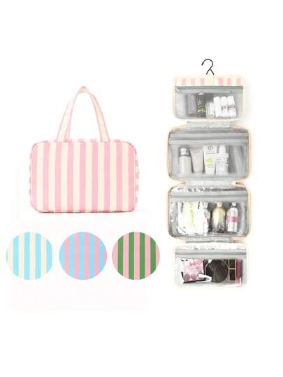 1 Piece Solid Color Striped Large Capacity Multifunctional Toiletry Bag Portable Hook Cosmetic Bag Travel Cosmetic Storage Bag Foldable Storage Makeup Tools Simple Style Cosmetic Bag Suitable For College Dormitories, Vacations, Back To School, Bathrooms, Men And Women Holiday Gifts Travel Essentials Bag For School Supplies Wash Bag Waterproof Toiletry Bag Makeup Bag Cruise Essentials Toiletry Bag For Women For Travel For Bathroom For Women