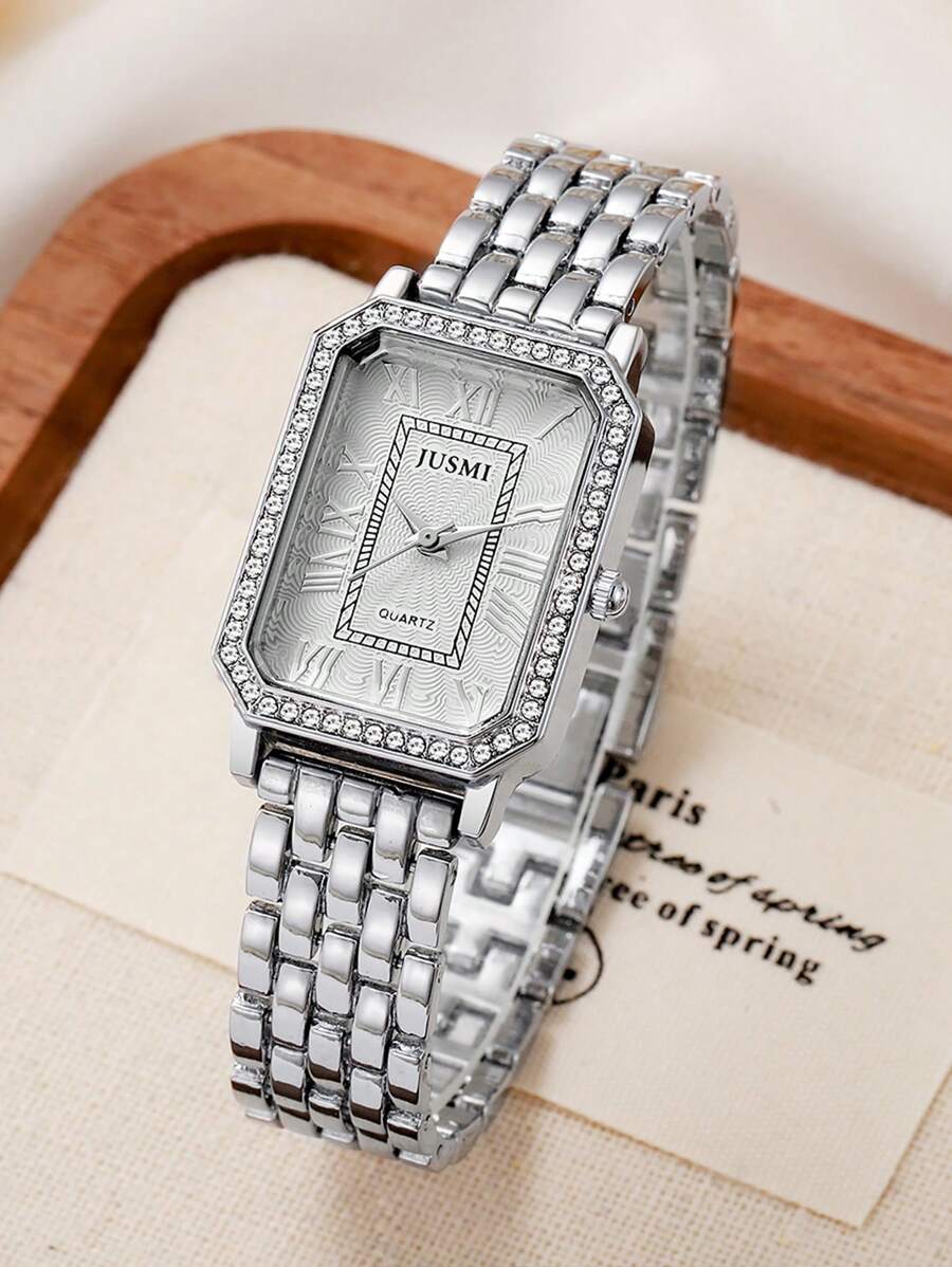 2025 女士时尚奢华钢带手表，时尚简约罗马数字表盘水钻方形石英腕表，适合送礼、休闲、派对、学校等场合 - 銀色 - 查看 1
