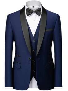 Men's 3-Piece Suit, Solid Color, Regular Fit, Long Sleeves, Shawl Collar Design, With Pockets, Suitable For Weddings, Business Occasions And Parties, Elegant Style. - Navy Blue - View 3
