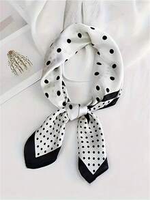 1 件女士奢华优雅波尔卡圆点印花 27.6 英寸 X 27.6 英寸真丝围巾，春季 - 黑與白 - 查看 3