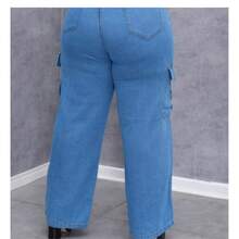 Wide Leg Cargo Jeans Plus Size Clear Simple Elegant Casual Cargo Jeans Plus Size Travel - Blue - View 3