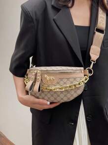 New Fashion Casual Women's Bag, Acrylic Chain Connected Waist Bag, Retro Versatile Crocodile Pattern Chest Bag, Christmas Gift, Christmas Red - Khaki - View 2