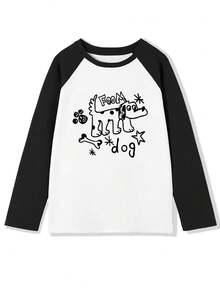 2025秋季新款女士T恤，时尚休闲宽松长袖字母狗狗印花T恤，拼色棉质街头韩版 - 白色 - 查看 4