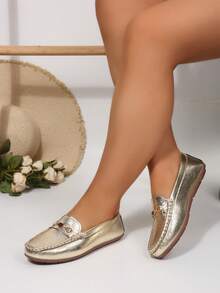 Women's Plus Size Wide Fit Flat Shoes, Brown Color With Butterfly Decor, Handmade Stitching, Casual Slip-On Loafers For Spring Autumn Travel, Sporty Style - Gold - View 2