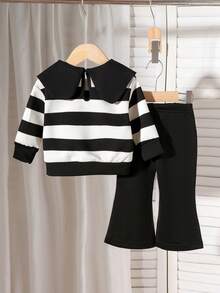 2 件套女婴优雅可爱彼得潘领条纹长袖运动衫 + 裤子套装，轻便，适合春秋季 - 黑色 - 查看 2