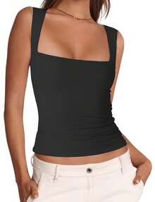 Square Neck Tank Tops For Women, Sleeveless Double Lined Tops For Women Sexy Going Out Top  Basic Fitted Shirts,Local Delivery - 黑色 - 查看 4